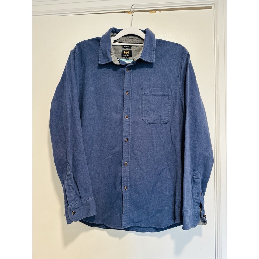 Lee Premium Select Workwear Utility Shirt Sz:L Blue Button Down Cotton Stretch